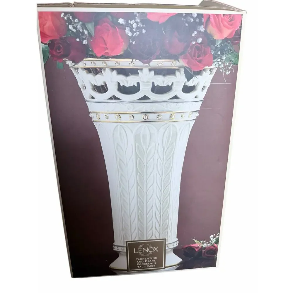 VINTAGE LENOX FLORENTINE AND PEARL PORCELAIN TALL VASE 16 IN  TALL NEW IN BOX